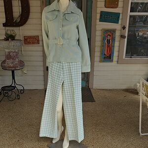 Vintage 60's Slax n Stuf Stylish Pale Green Jacket & checkered Pants Suit Set xs